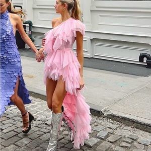 Kiki Riki One Shoulder Ruffle Pink Mini Tulle Dress